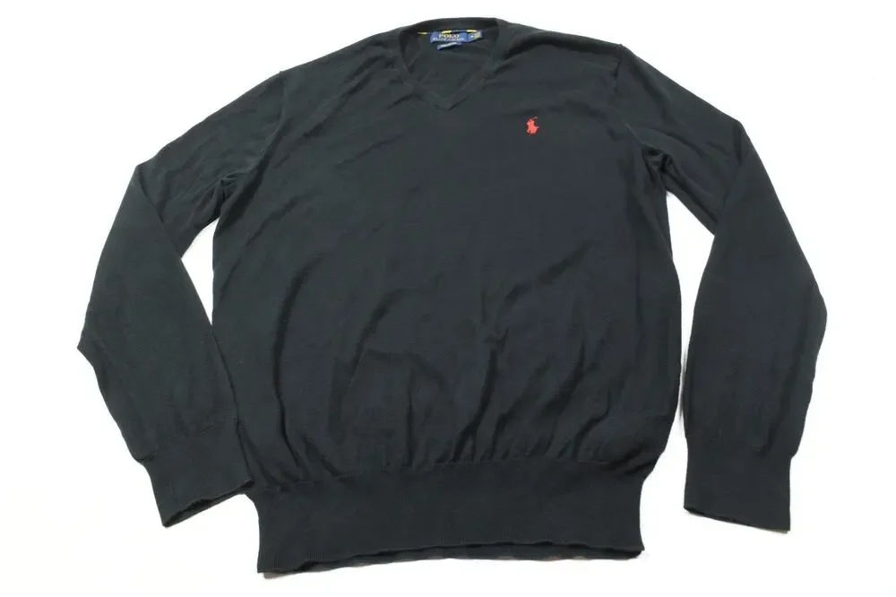 Polo Ralph Lauren Sweater Mens Medium Black Cotton V-Neck Long Sleeve Pullover